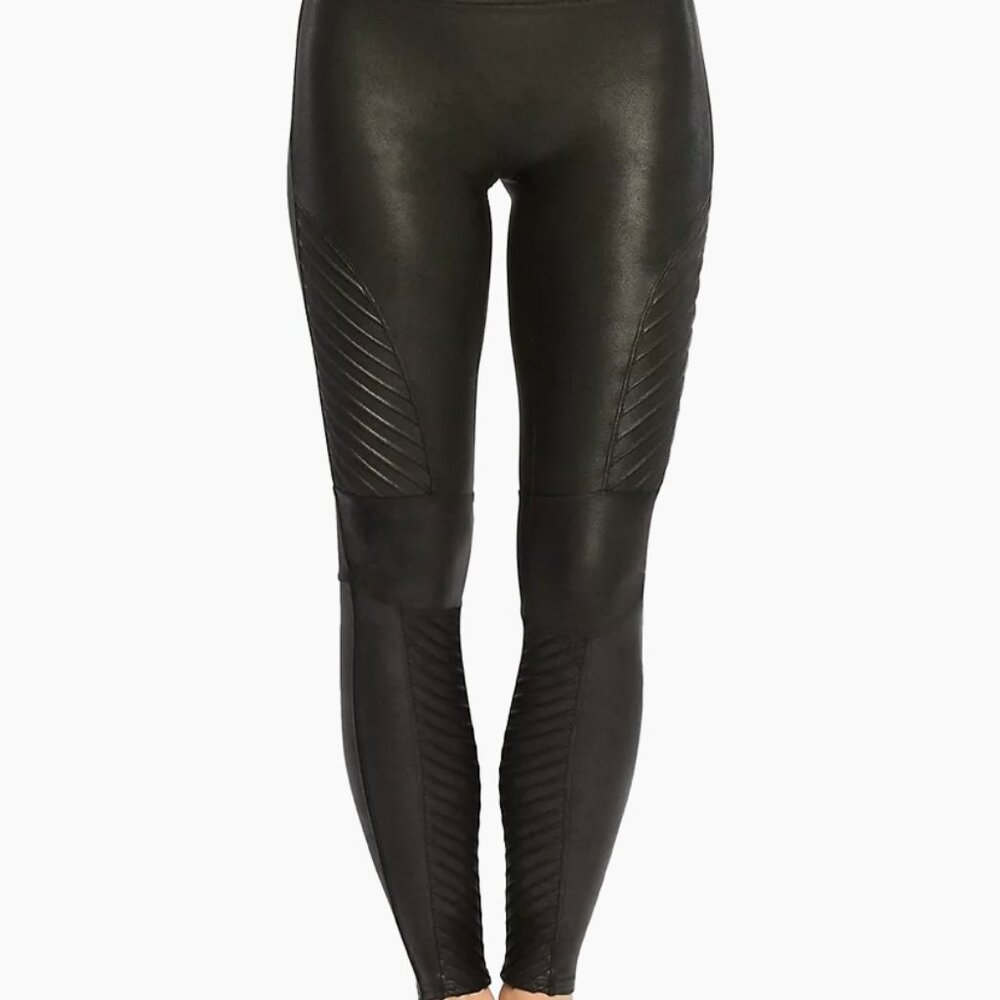 SPANX FAUX LEATHER BLAACK QUILTED LEGGINGS M